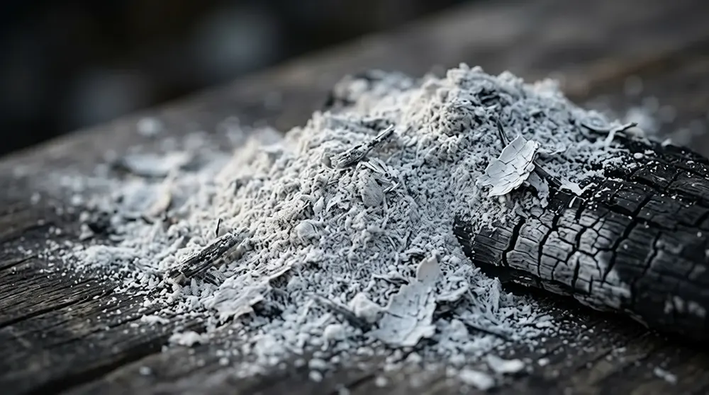 Деревний попіл із залишками вугілля на дерев’яній поверхні крупним планом