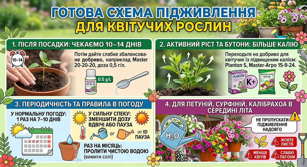 Покрокова схема підживлення квітучих рослин із дозуванням, періодичністю та порадами для літа