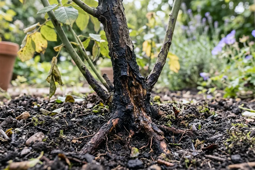 Хвороби троянд фото, коренева гниль троянди з ураженою прикореневою частиною куща