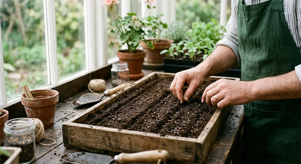 Посів чорнобривців на розсаду в лоток із ґрунтом у весняних умовах