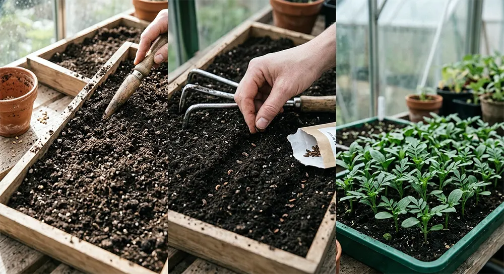 Правильний посів чорнобривців, насіння, ґрунт і здорова розсада крупним планом