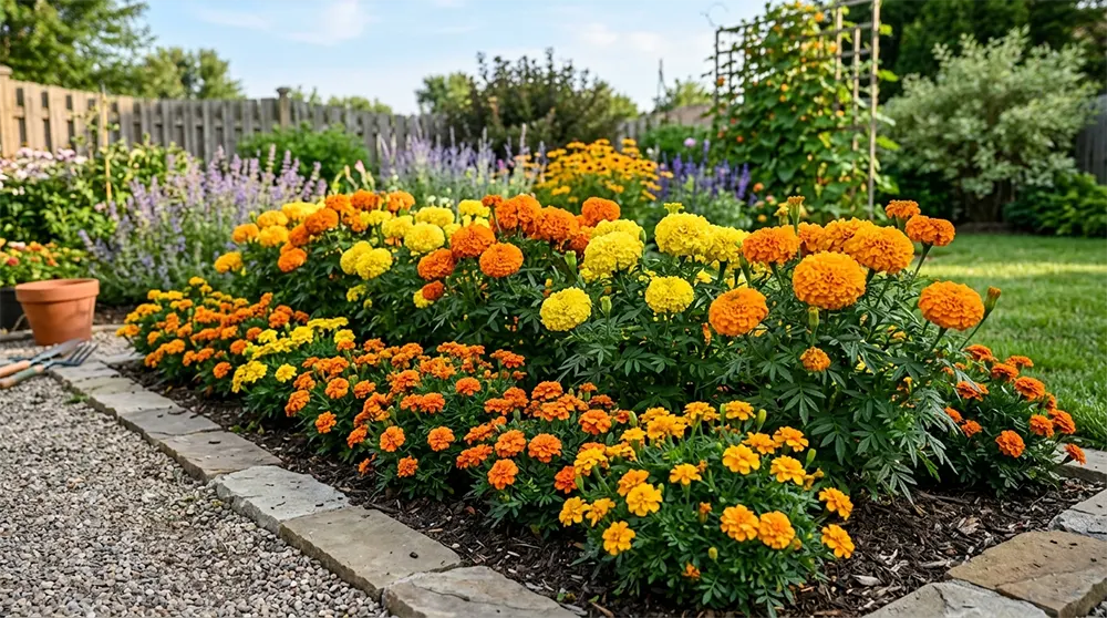 Жовті та помаранчеві чорнобривці в рясному цвітінні на клумбі