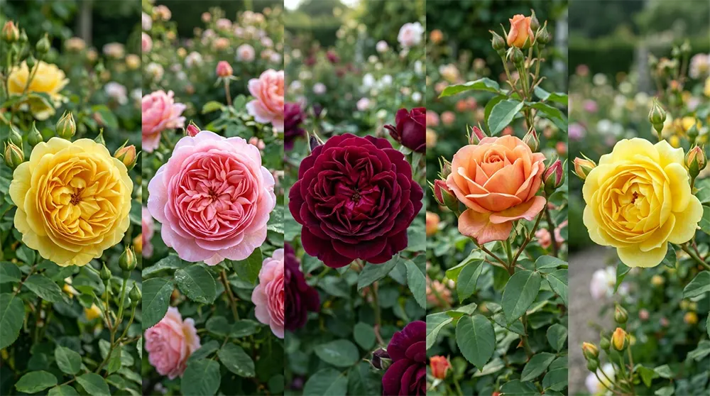 Колаж із популярних англійських троянд: Golden Celebration, Lady of Shalott, Munstead Wood, Princess Alexandra of Kent і Graham Thomas