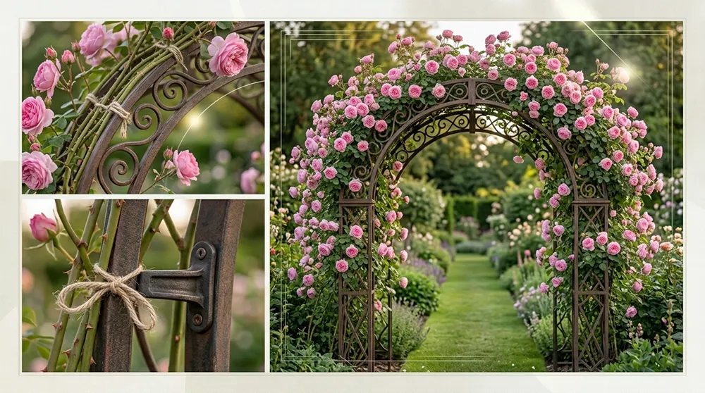 Квітуча троянда на садовій арці