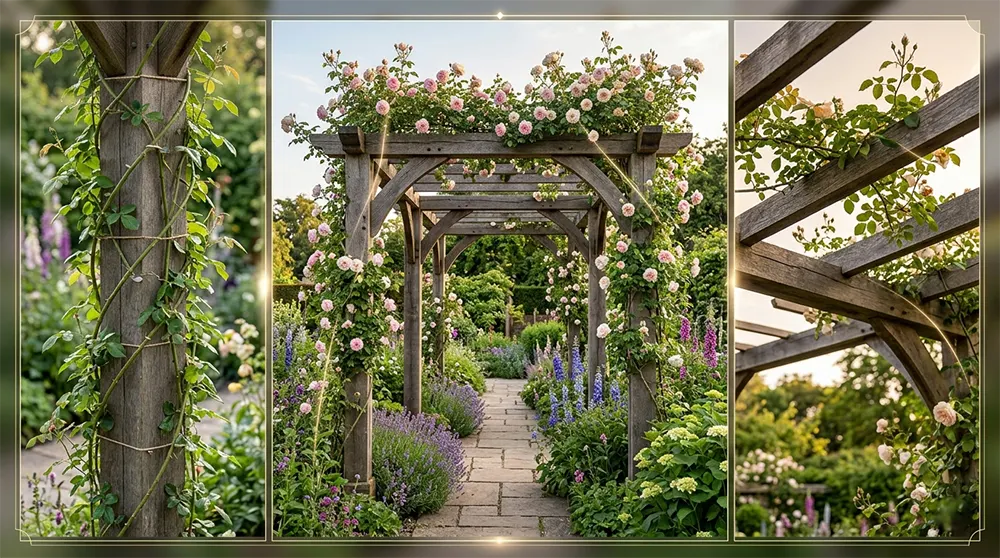 Троянда, що росте на садовій перголі