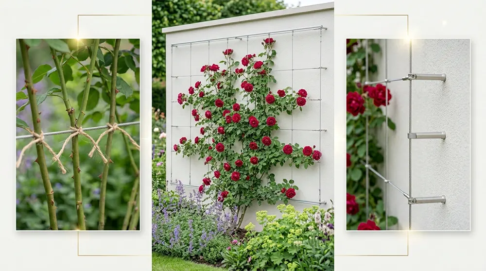 Плетиста троянда на опорі біля стіни або паркану