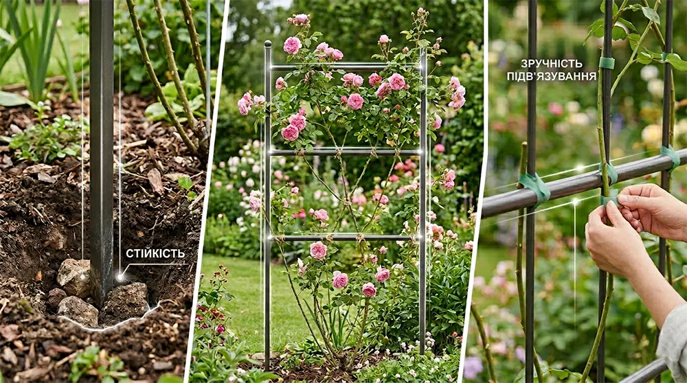 Міцна і стійка опора для троянди зі зручним підв’язуванням пагонів