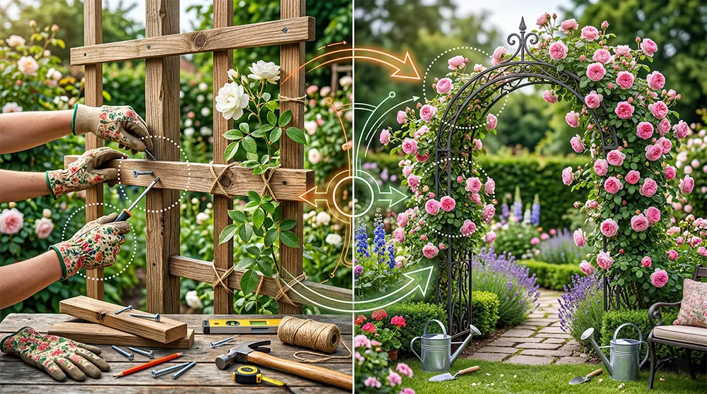 Порівняння саморобної та готової магазинної опори для троянди