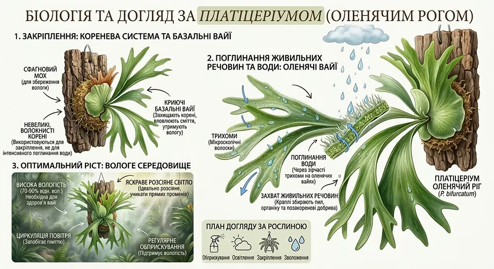 Особливості платіцеріума: майже відсутні корені, живлення через листя та потреба у вологому повітрі
