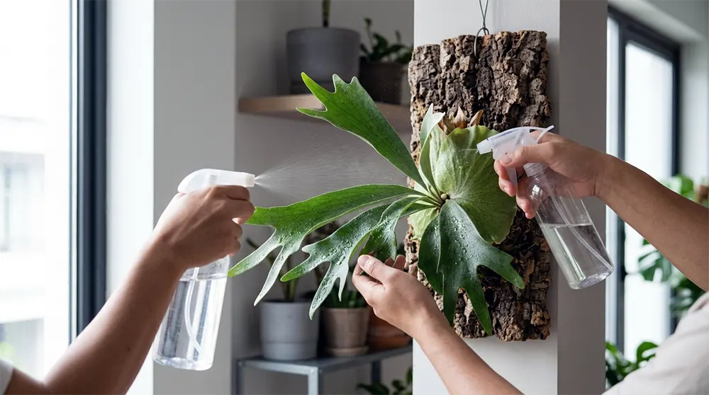 Підживлення платіцеріума рідким добривом через листя папороті Оленячі роги