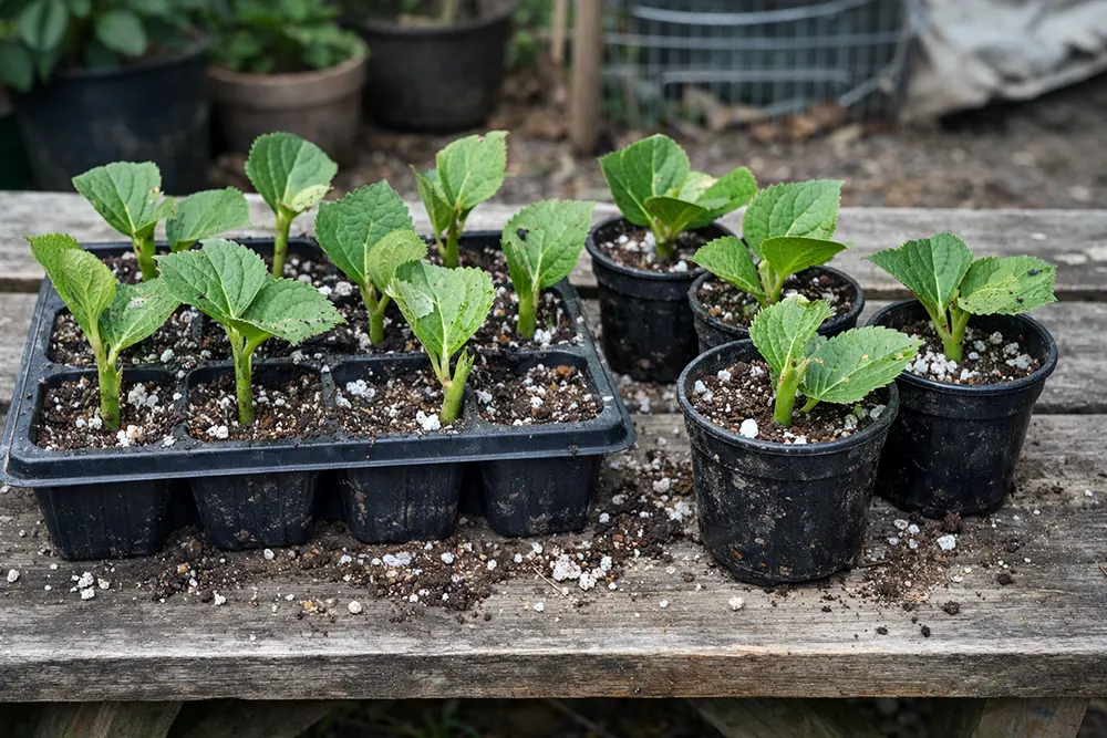 Живцювання широколистої гортензії в касеті з легким субстратом — зелені живці з частково обрізаним листям