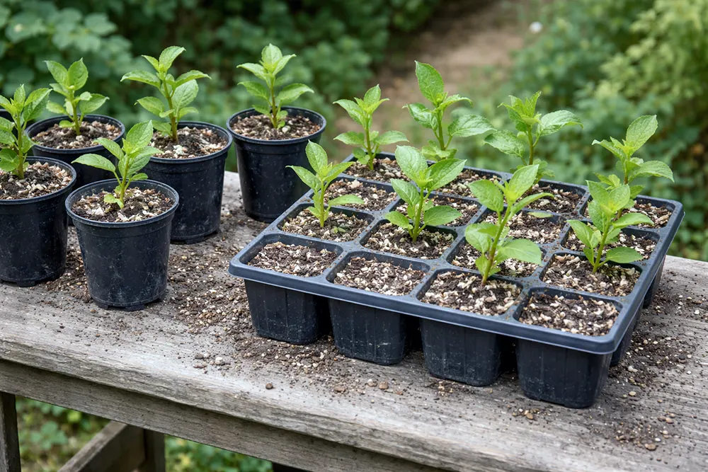 Живці волотистої гортензії, висаджені в касету для укорінення — міцні пагони з компактним листям