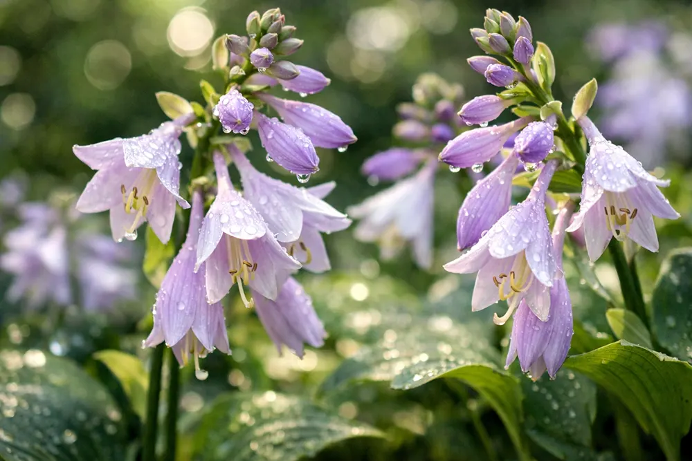 Хоста під час цвітіння з ніжно-фіолетовими дзвоникоподібними квітами