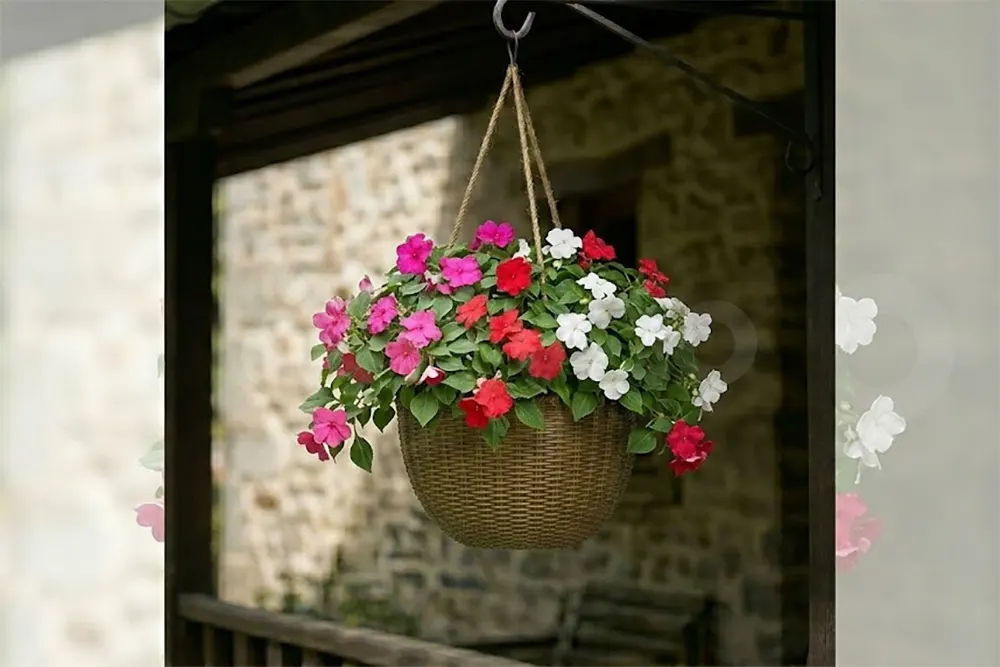 Рясний бальзамін Воллера (Impatiens walleriana) з пишним цвітінням суміші рожевих, червоних та білих квітів у підвісному кашпо.
