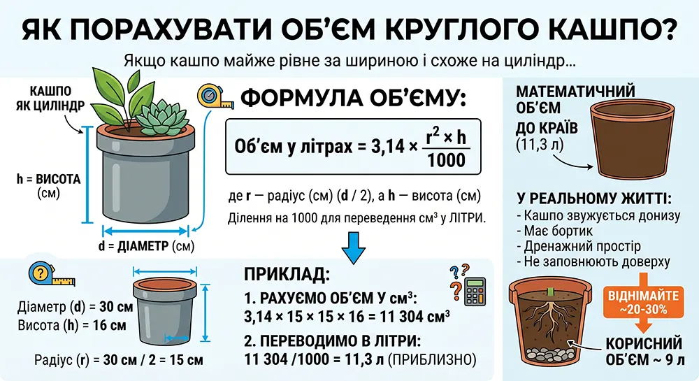 Інфографіка з формулою розрахунку об’єму круглого кашпо: діаметр, висота, радіус і приклад переведення об’єму в літри