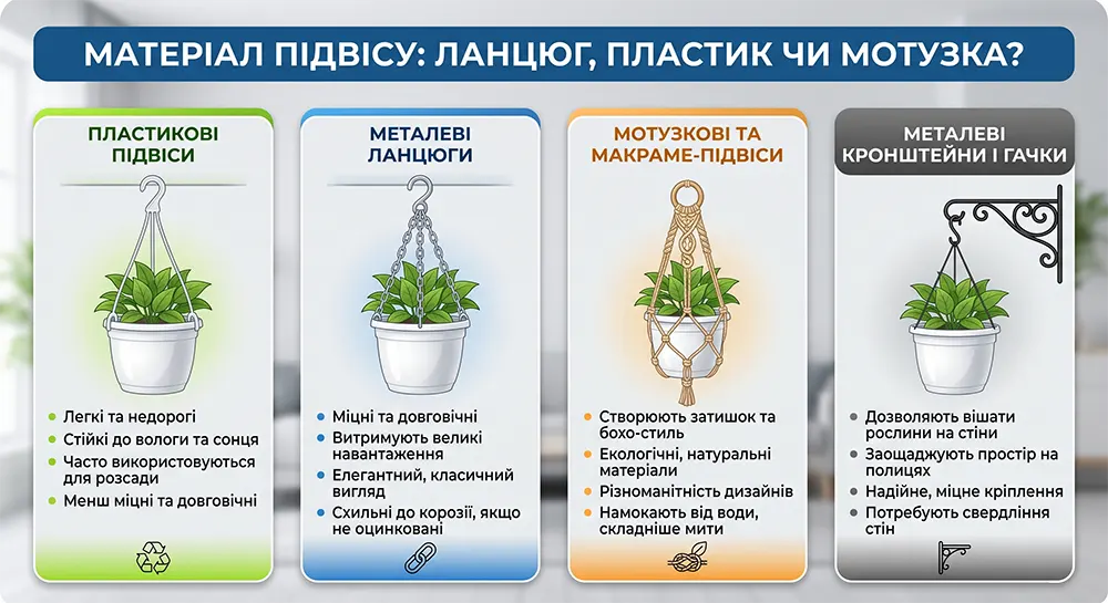 Інфографіка про матеріали підвісу для кашпо: пластикові підвіси, металеві ланцюги, мотузкові макраме-підвіси та металеві кронштейни
