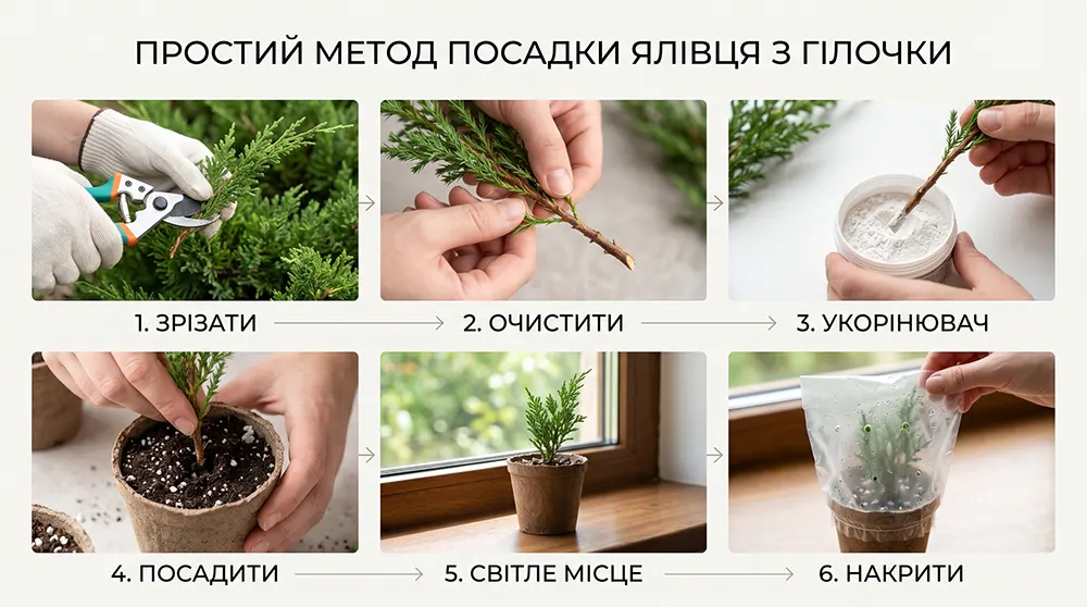 Простий метод посадки ялівця з гілочки: покроковий колаж із підготовкою живця, обробкою укорінювачем, висадкою в субстрат і накриттям мінітепличкою