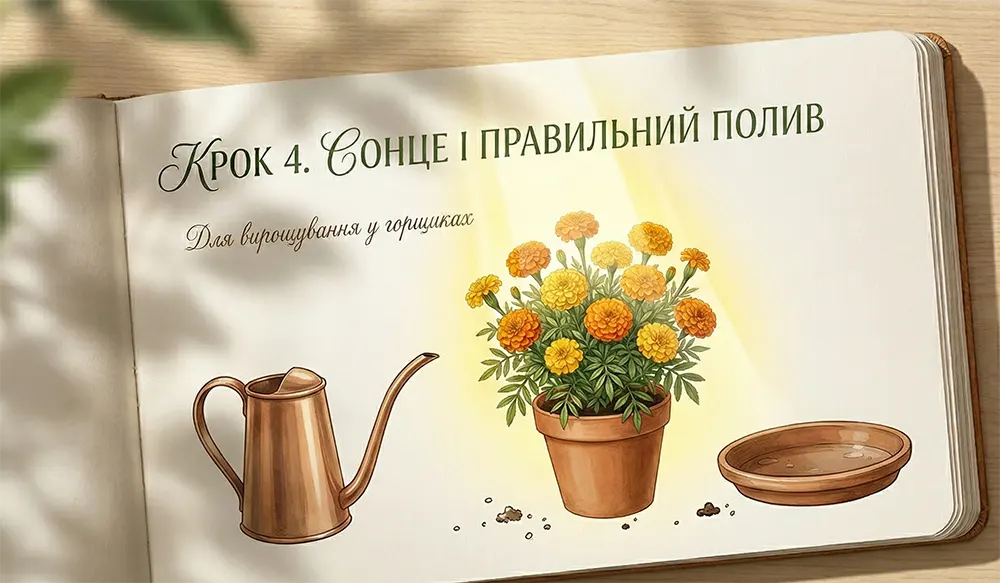 Чорнобривці в горщику на сонячному місці з правильним поливом