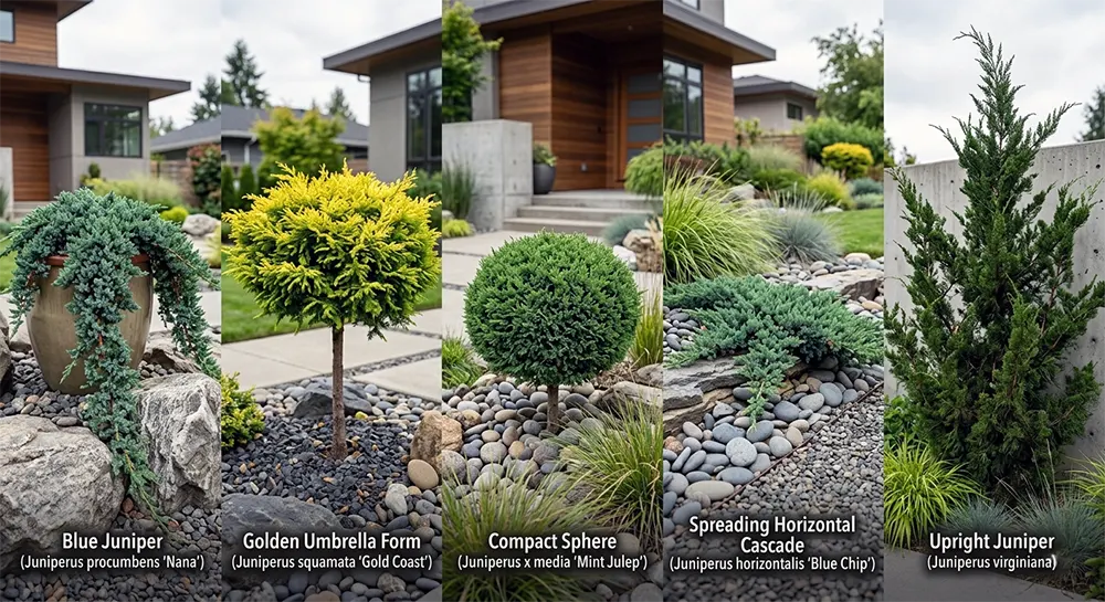 Різні сорти ялівця на штамбі: каскадні, кулясті та розлогі форми