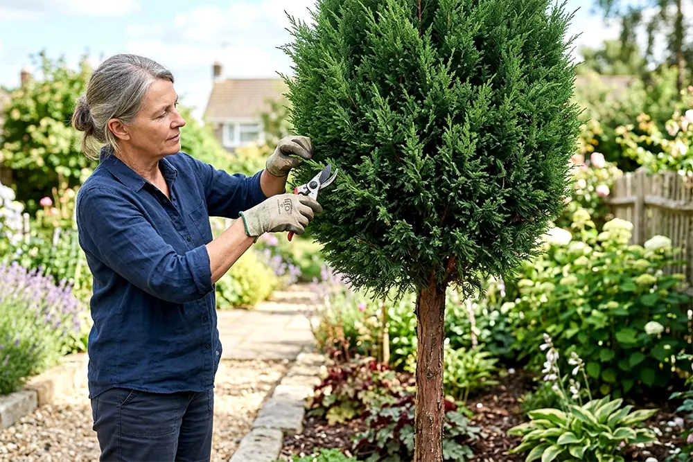 Легка стрижка ялівця на штамбі з видаленням зайвих пагонів без обрізки старої деревини