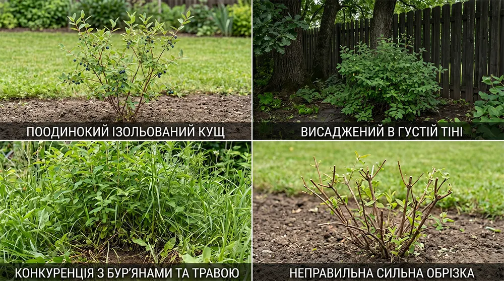 Типові помилки при вирощуванні жимолості їстівної: один кущ без запилення, посадка в тіні, бур’яни біля коріння та неправильна обрізка