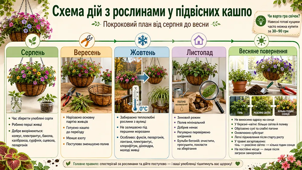 Покрокова схема догляду за рослинами у підвісних кашпо: живцювання, осіннє перенесення в дім, зимівля та весняне повернення на вулицю